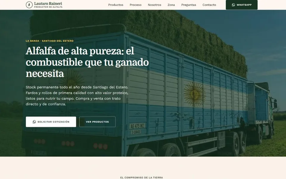 Captura del sitio web de Lautaro Raineri, productor de alfalfa